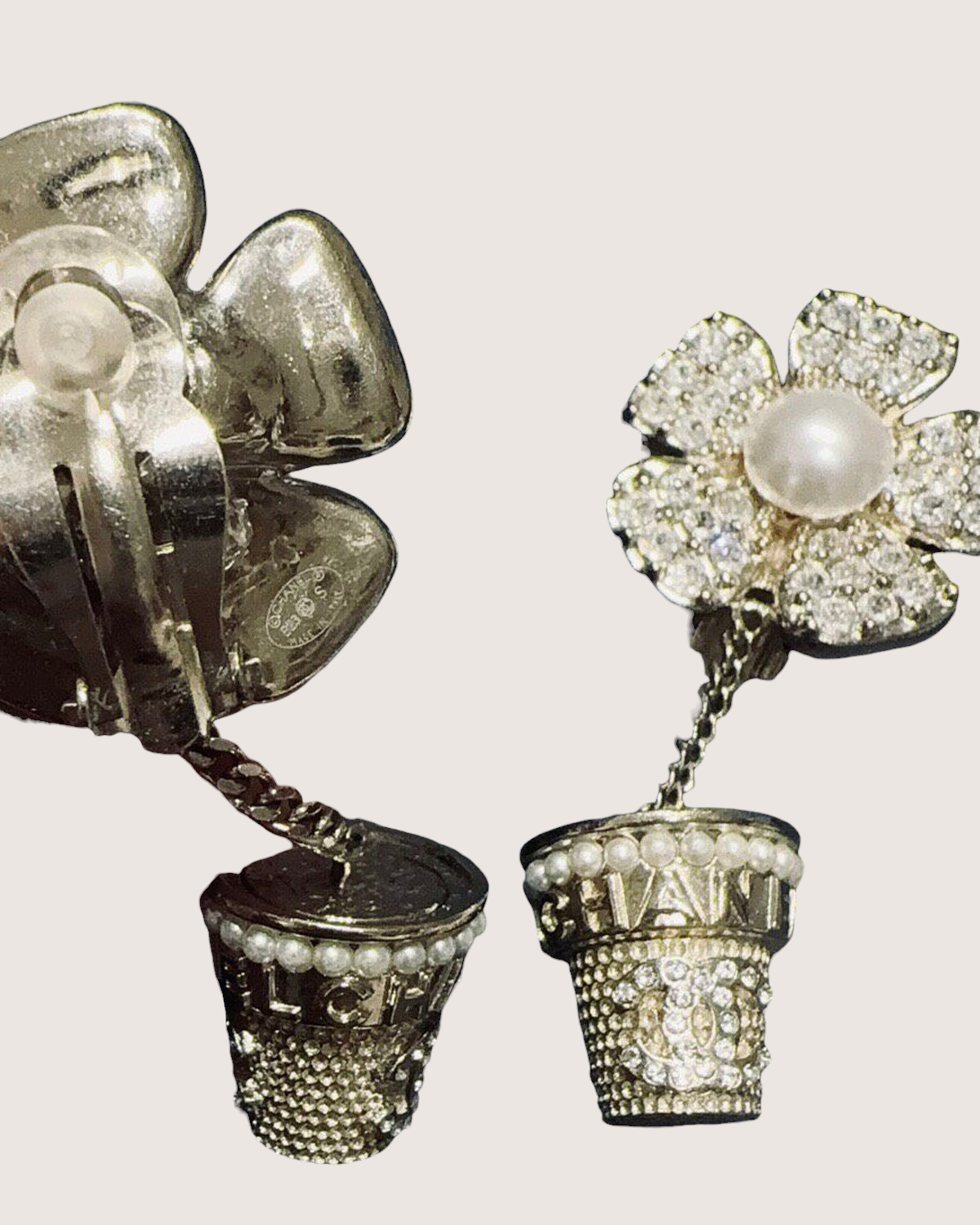Chanel Camellia Flower Pot Earrings Gold, White One Size
