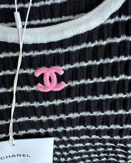 Chanel 24P CC Striped T-Shirt Black, White, Pink FR 36