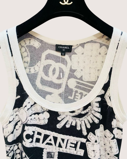 Chanel 23N Coco Neige Cashmere Jewelry-Print Top Black, White FR 34