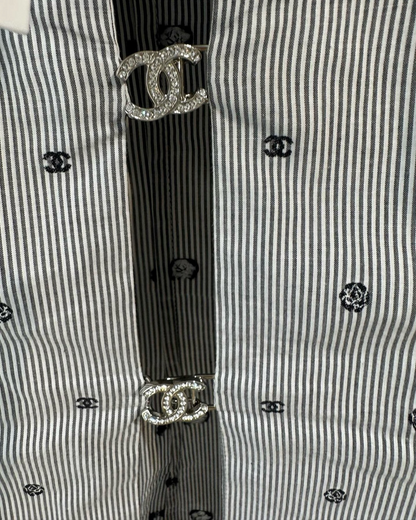 Chanel 24P Striped Logo Shirt Black, White FR 34