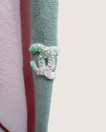 Chanel 24C Cashmere Colorblock Sequin CC Sweater Pink, Green FR 38