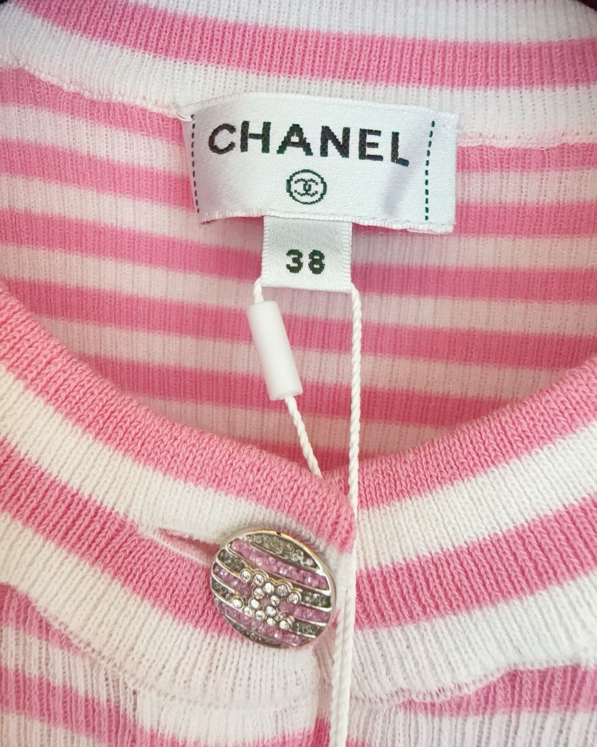 Chanel 24C Striped Short-Sleeve Sweater Pink, White FR 38