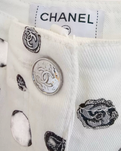 Chanel 25B Novelty-Print Straight-Leg Denim Jeans White, Black FR 38