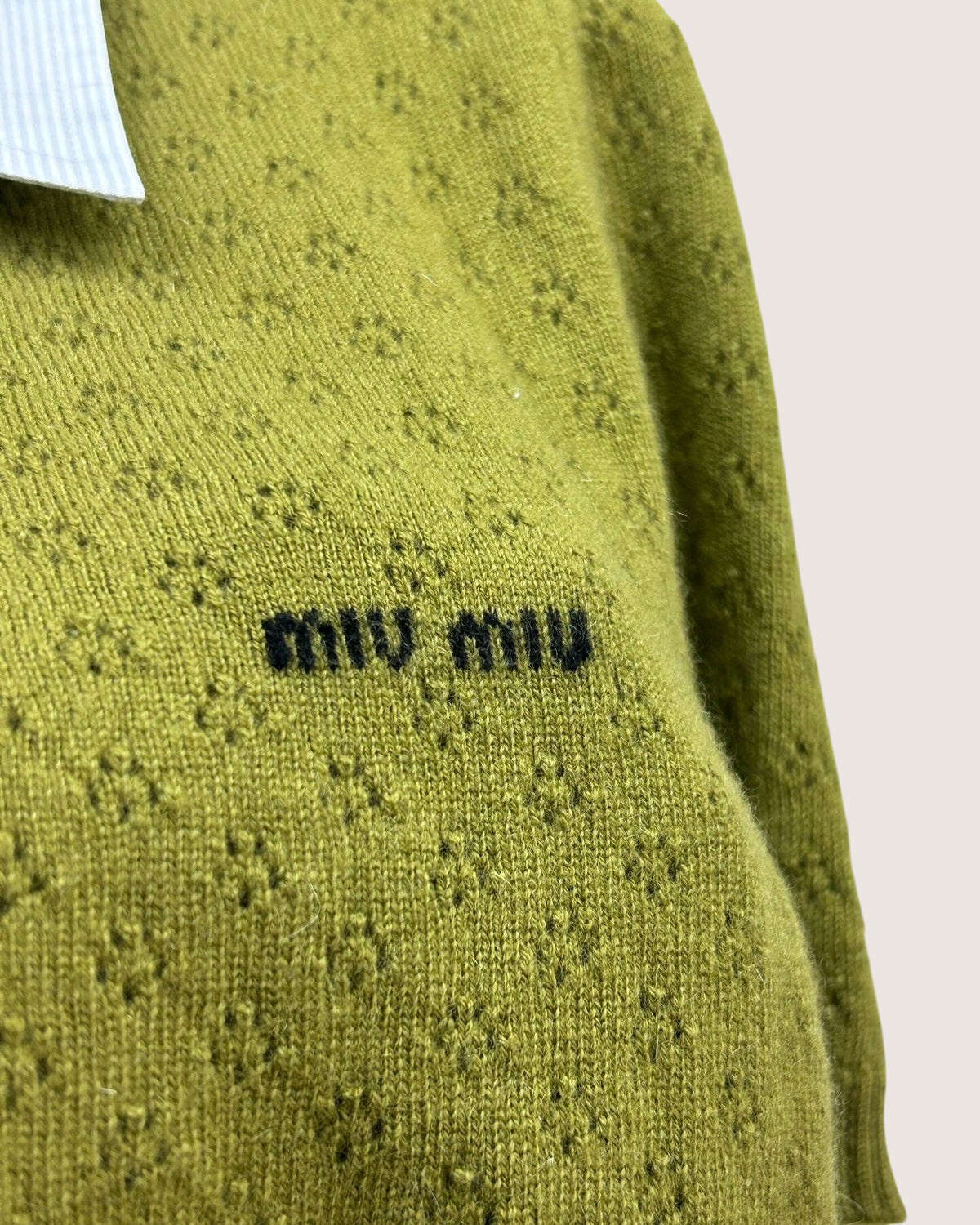 Miu Miu Collared Cashmere Short-Sleeve Sweater Green, White