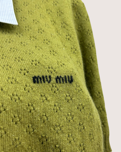 Miu Miu Collared Cashmere Short-Sleeve Sweater Green, White