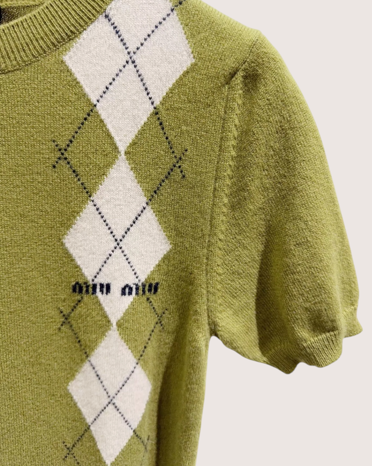 Miu Miu Wool Argyle Short-Sleeve Sweater Green, Beige/Ecru FR 38