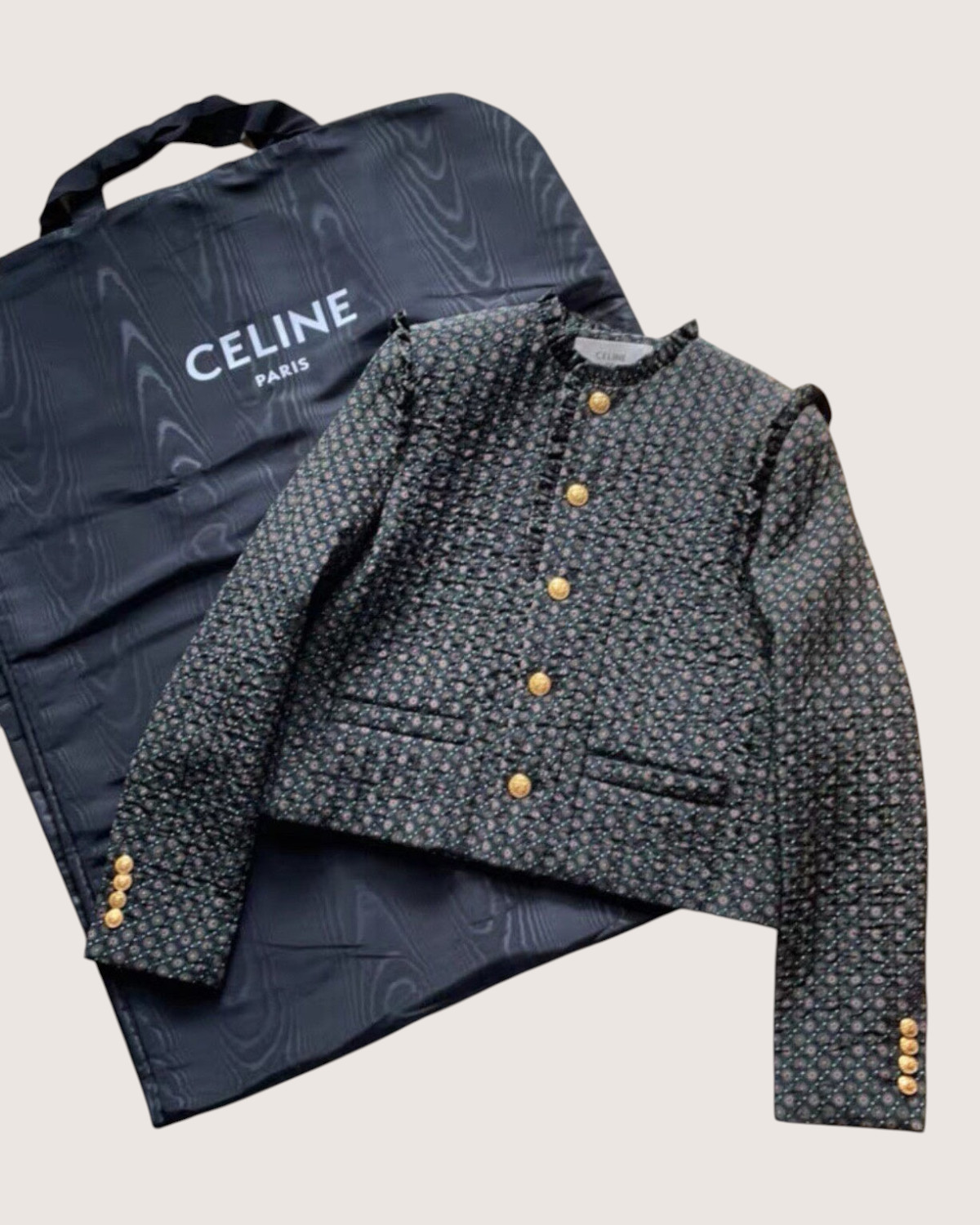Celine Ruffle-Trim Geometric-Print Cropped Jacket Navy, Green, Multicolor FR 36