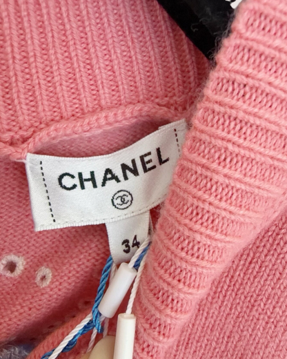 Chanel 23P Cashmere Embroidered Short-Sleeve Sweater Pink, White FR 34