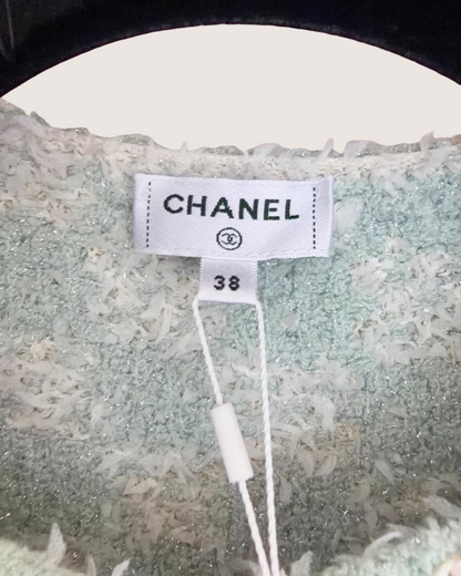 Chanel Tweed Cardigan Green, White FR 38