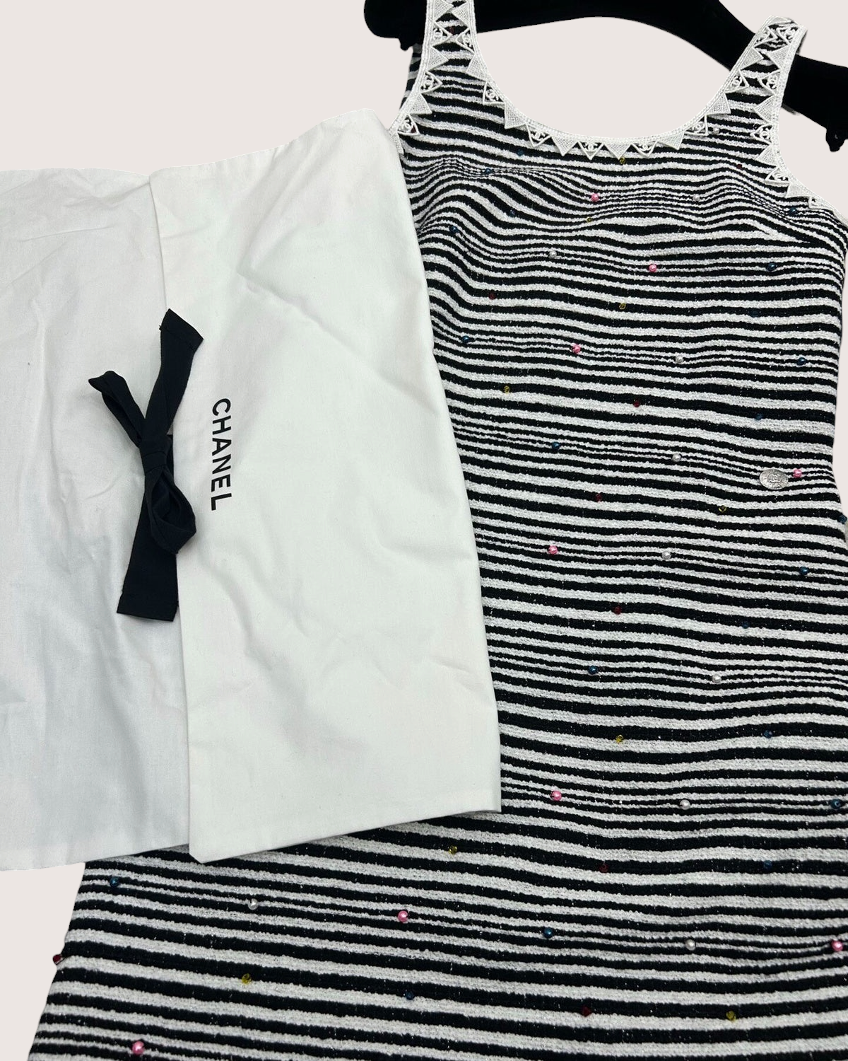 Chanel 24S Striped Beaded Mini Dress Black, White
