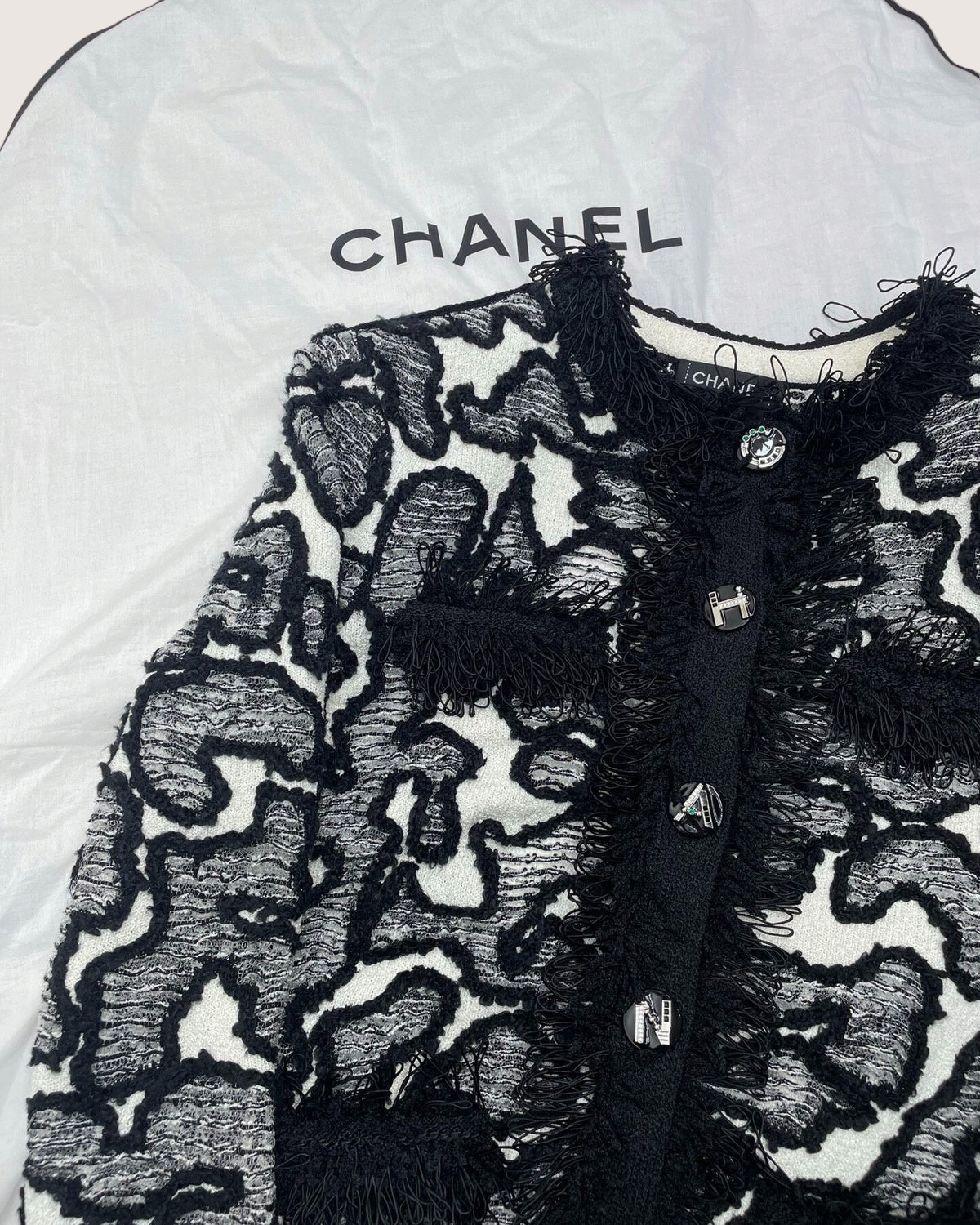 Chanel 26A Fringe Jacquard Cardigan Black, White, Grey FR 36