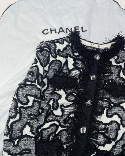Chanel 26A Fringe Jacquard Cardigan Black, White, Grey FR 36