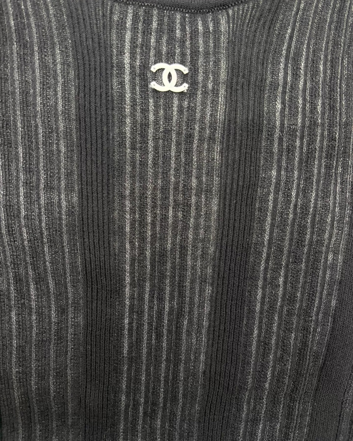 Chanel 26M Coco Beach Ribbed-Knit Short-Sleeve Top Black FR 36