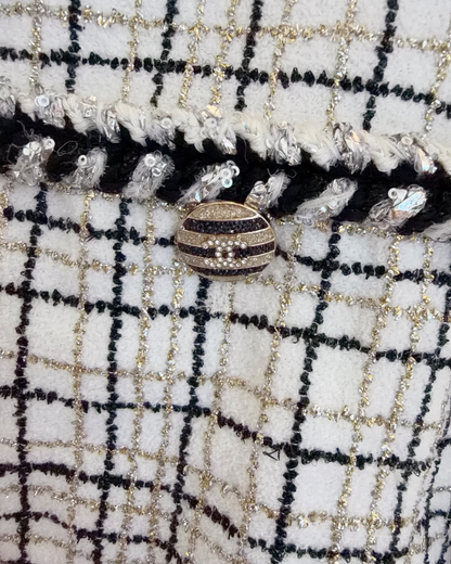 Chanel 24C Checked Shirt-Cuff Tweed Jacket White, Black, Gold FR 38