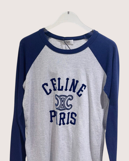 Celine Long-Sleeve Logo T-Shirt Grey, Navy FR 36