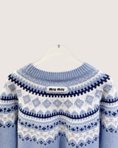 Miu Miu Wool Fair Isle Sweater Blue, White, Navy IT 38