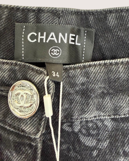 Chanel 23A Camellia Wide-Leg Denim Jeans