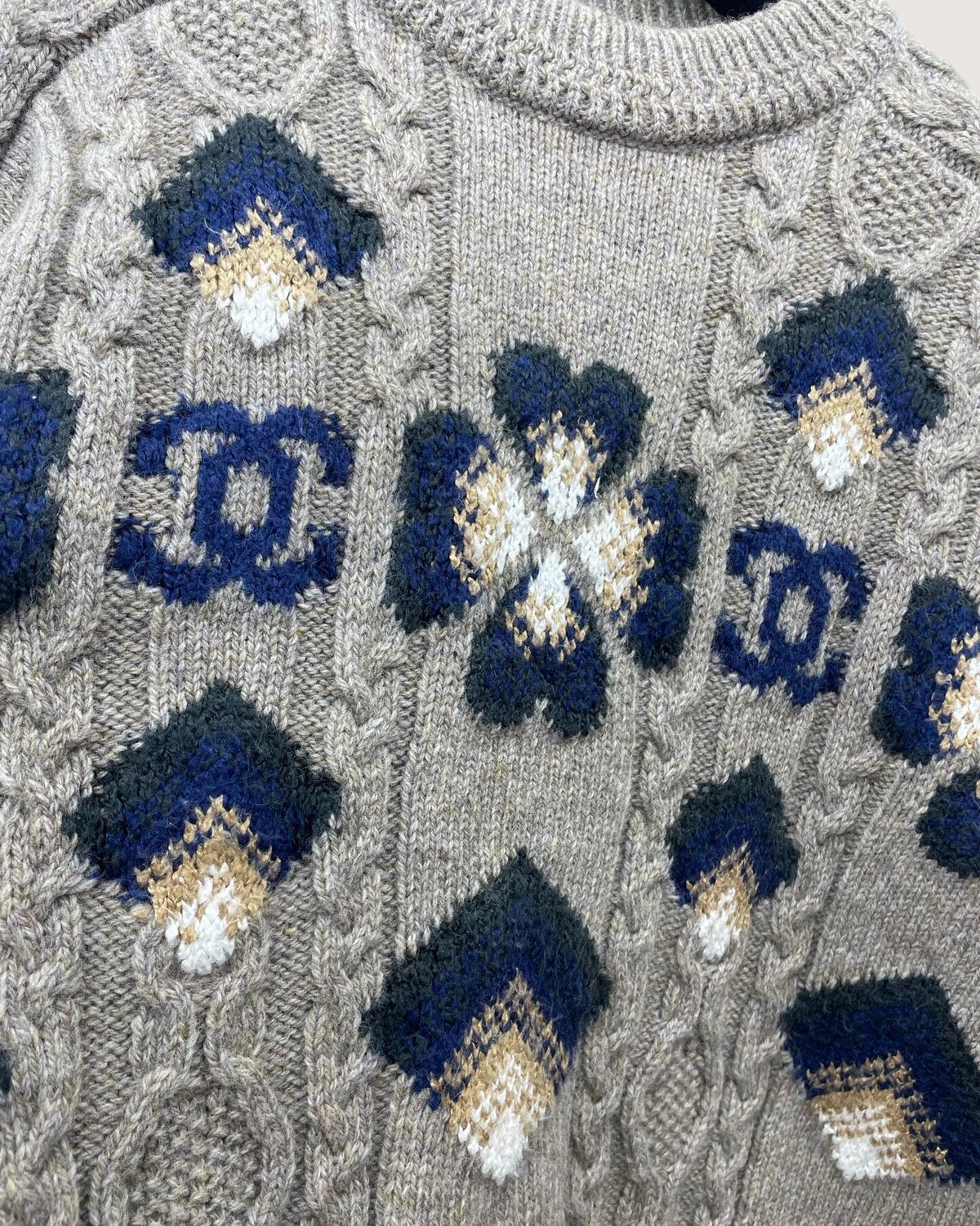 Chanel 24N Coco Neige Wool Crochet Sweater Grey, Navy, Beige/Ecru FR 36