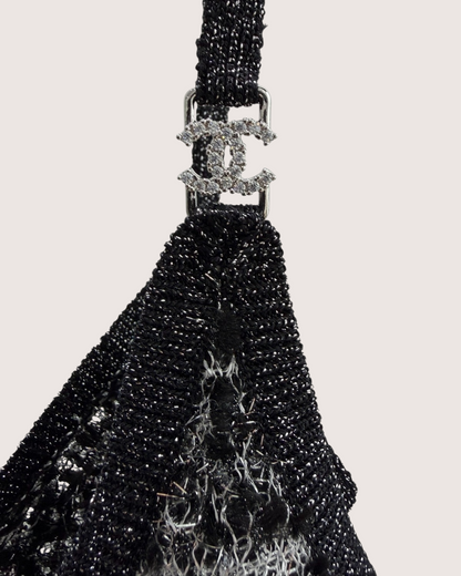 Chanel 26C Striped Crystal Button Strappy Vest Black, White, Silver FR 38