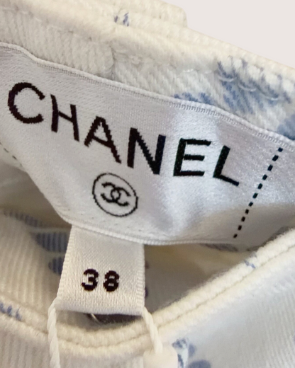 Chanel 25M Coco Beach CC-Print Flare Denim Jeans Beige/Ecru, Blue FR 38