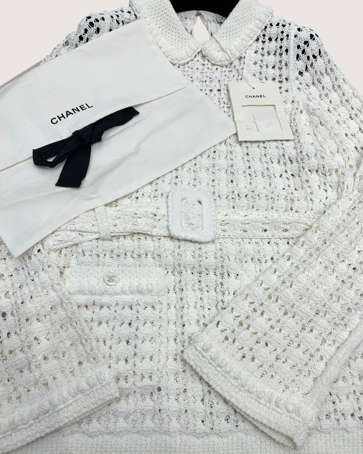Chanel 26C Openwork Belted Sweater White FR 34