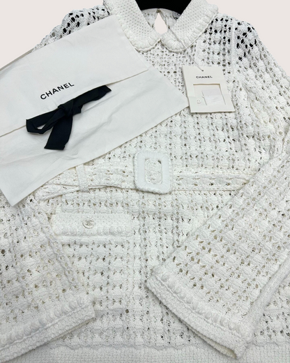 Chanel 26C Openwork Belted Sweater White FR 34