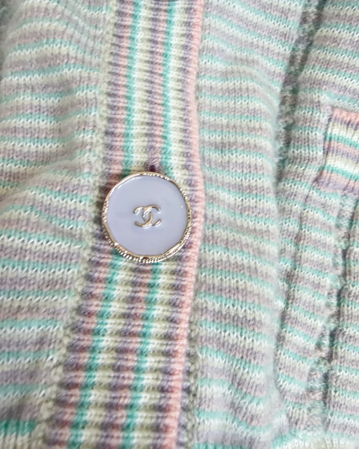 Chanel 25B Cashmere Striped Ruffle-Cuff Cardigan Blue, Green, Multicolor FR 36