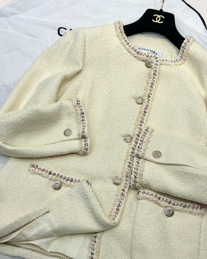 Chanel 26C Sequin-Trim Tweed Jacket Beige/Ecru, Pink FR 40
