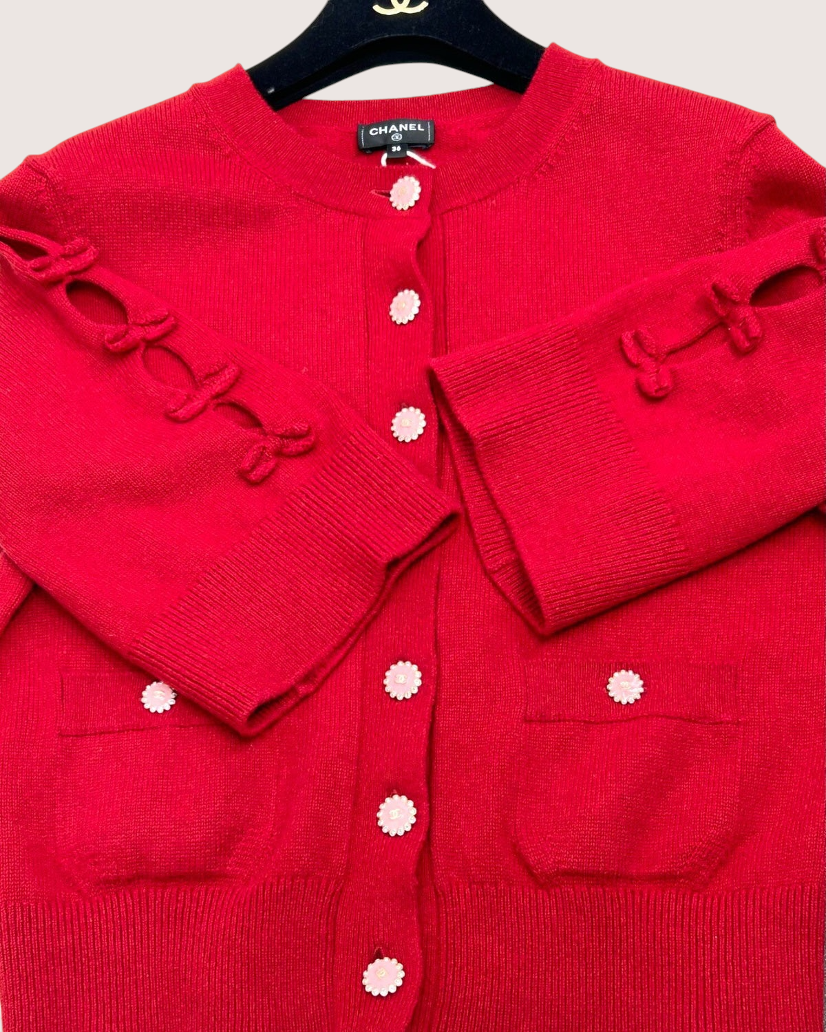Chanel 25K Cashmere Bow Cardigan Red FR 36