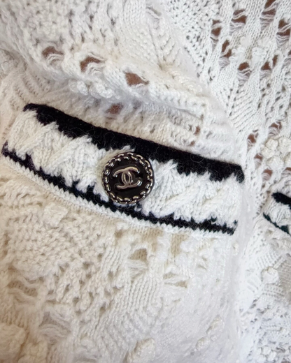 Chanel 22C Cashmere Crochet Openwork Off-Shoulder Mini Dress White, Black FR 38