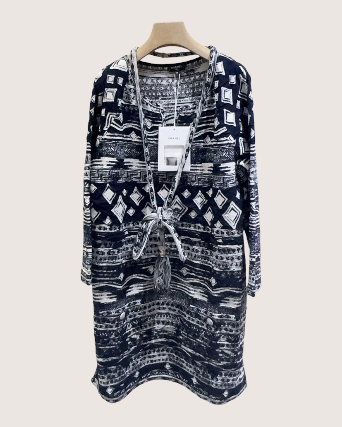 Chanel 18C Geometric-Print Wrap Mid-Length Dress Navy, White FR 40