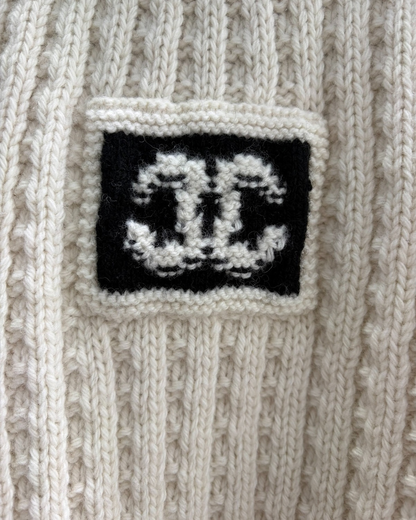 Chanel 25N Cable-Knit V-Neck Sweater Beige/Ecru, Black FR 40
