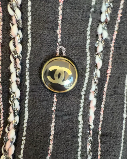 Chanel 23P Striped Tweed Jacket Black, White, Pink FR 38