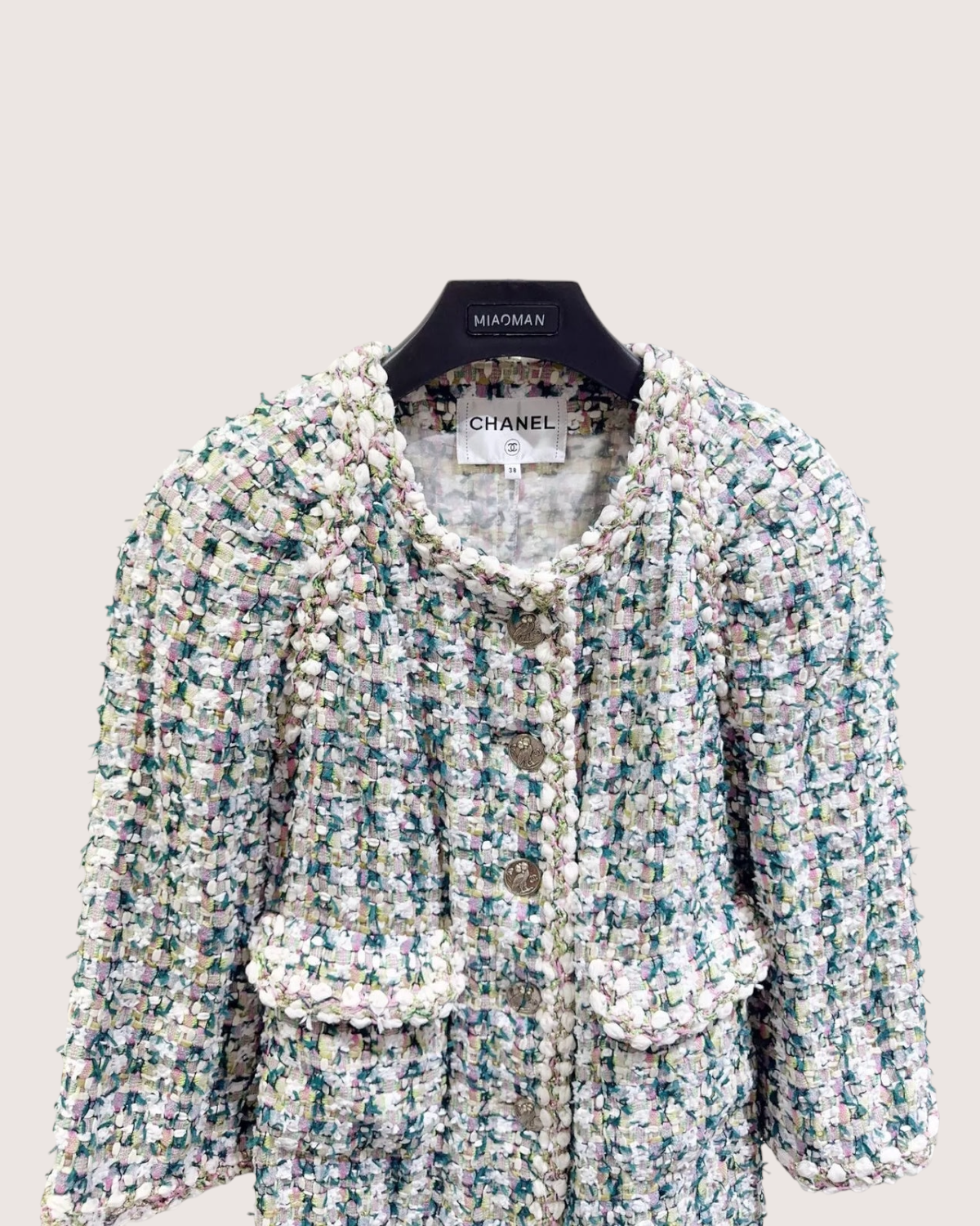 Chanel Tweed Pearl-Trim Coat Beige/Ecru, Green, Multicolor FR 38