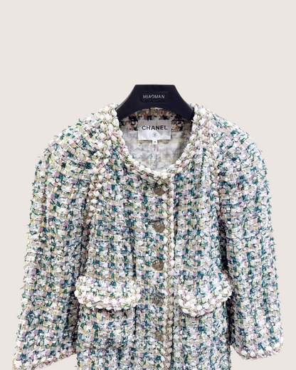 Chanel Tweed Pearl-Trim Coat Beige/Ecru, Green, Multicolor FR 38