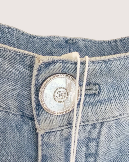 Chanel 24P Floral Lace Denim Shorts Blue, Black FR 34