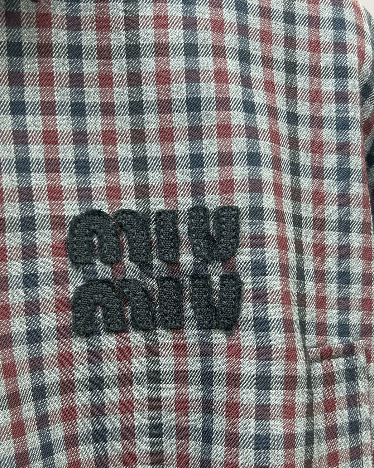 Miu Miu Wool Plaid Cropped Logo Jacket Grey, Navy, Burgundy IT 38