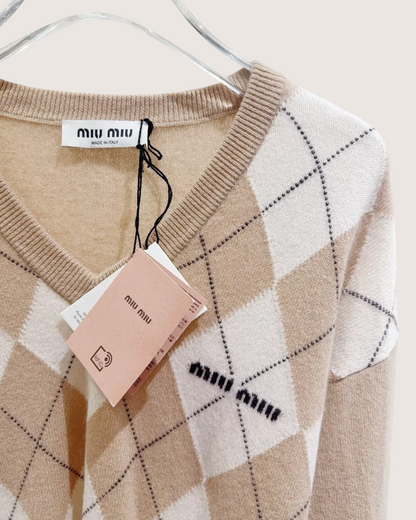 Miu Miu Argyle Wool Sweater Beige/Ecru, White FR 36