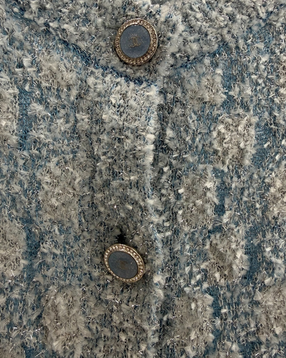Chanel 26C Shimmer Knit Cardigan Blue, Silver, White FR 34