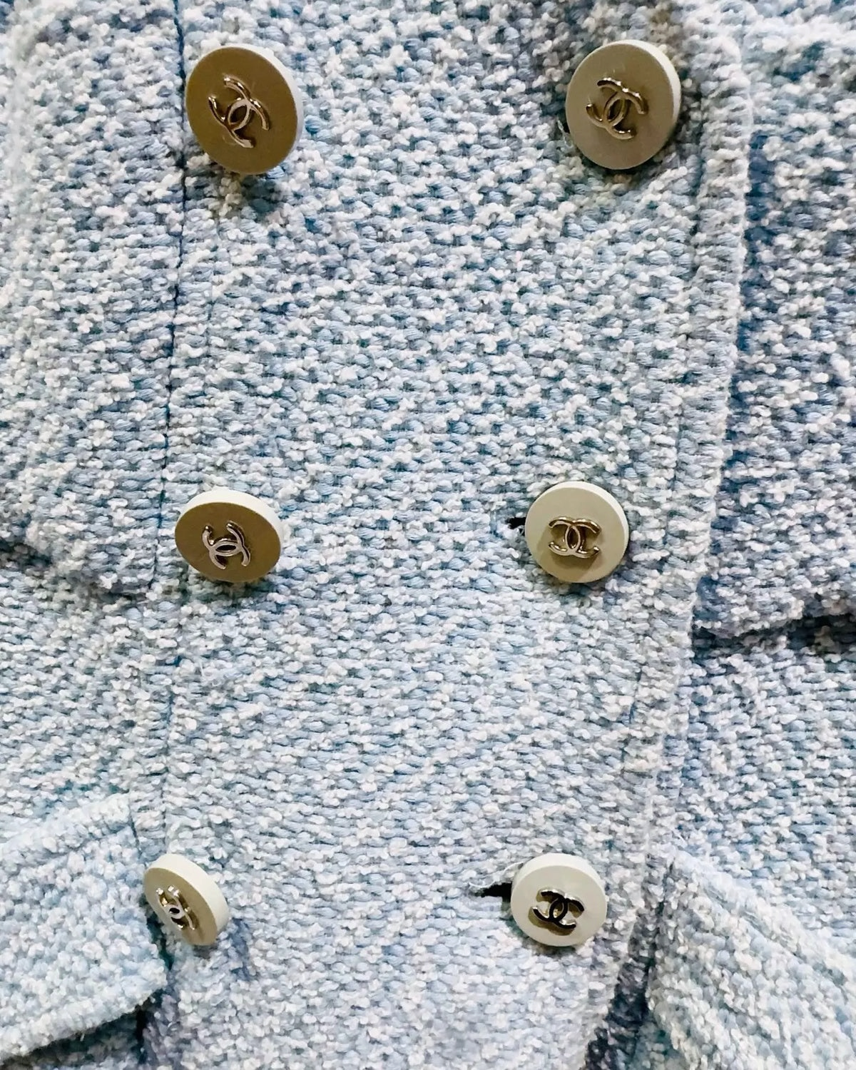 Chanel 96P Belted Tweed Coat Blue, White FR 36