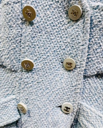 Chanel 96P Belted Tweed Coat Blue, White FR 36