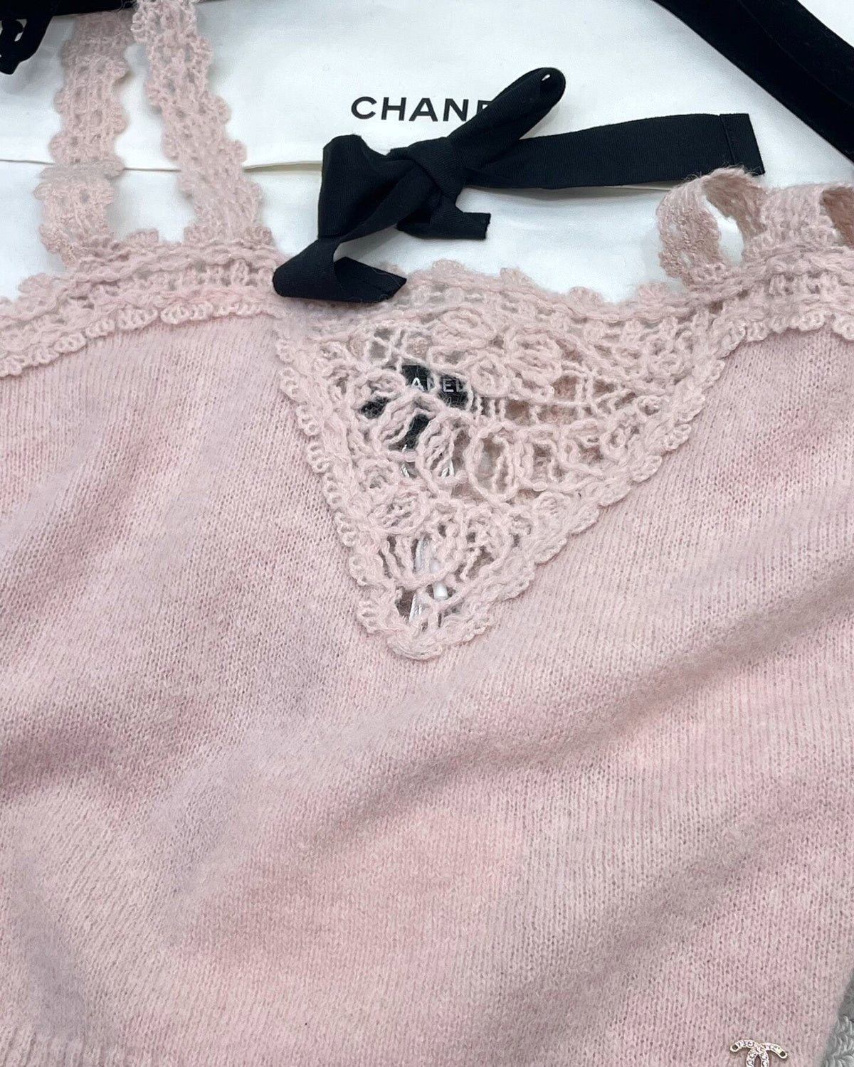 Chanel 25B Wool Crochet Strappy Top Pink, Beige/Ecru FR 34