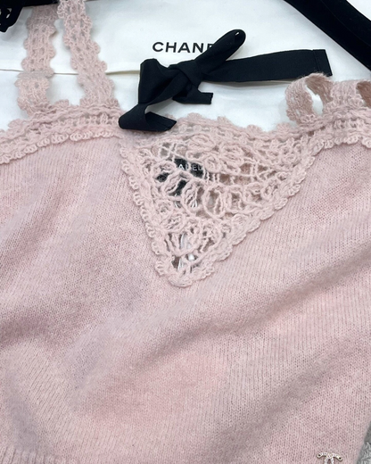Chanel 25B Wool Crochet Strappy Top Pink, Beige/Ecru FR 34