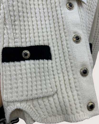 Chanel 25N Coco Neige Wool Ribbed Ski Cardigan White, Black FR 36