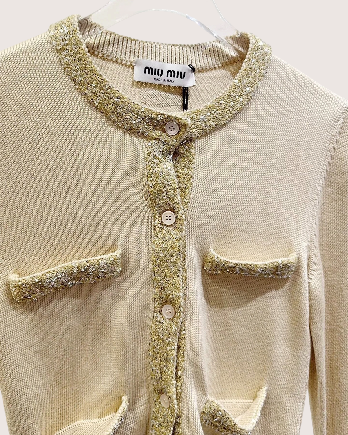 Miu Miu Sequin Four-Pocket Cardigan Beige/Ecru, Gold FR 36