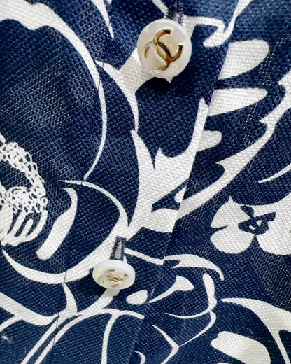 Chanel Camellia Print Short-Sleeve Shirt Navy, White FR 34