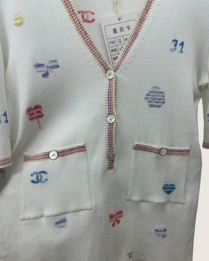 Chanel 21C Short-Sleeve Confetti Heart Cardigan White, Multicolor FR 36