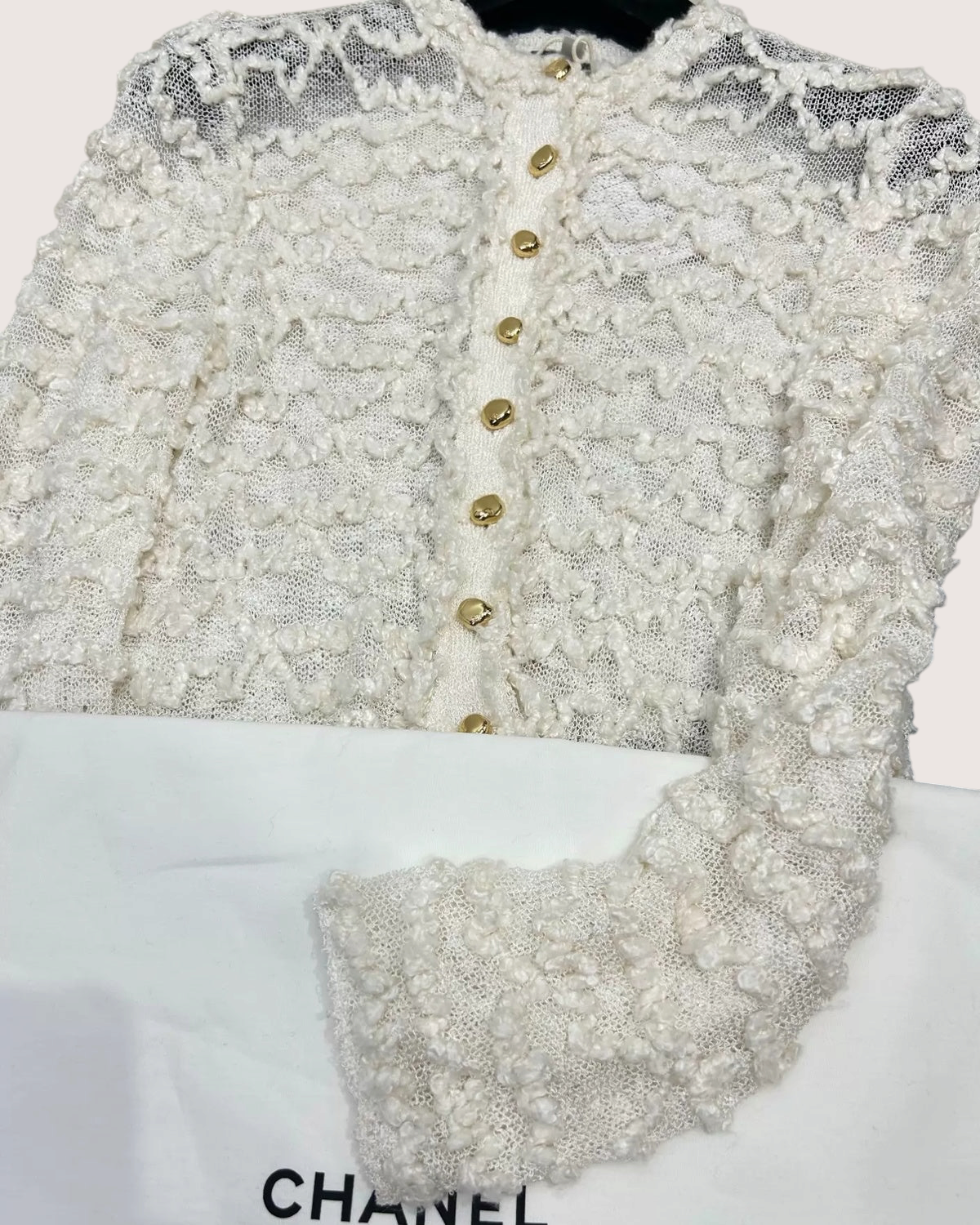 Chanel 26A Bouclé Mesh Cardigan White FR 34