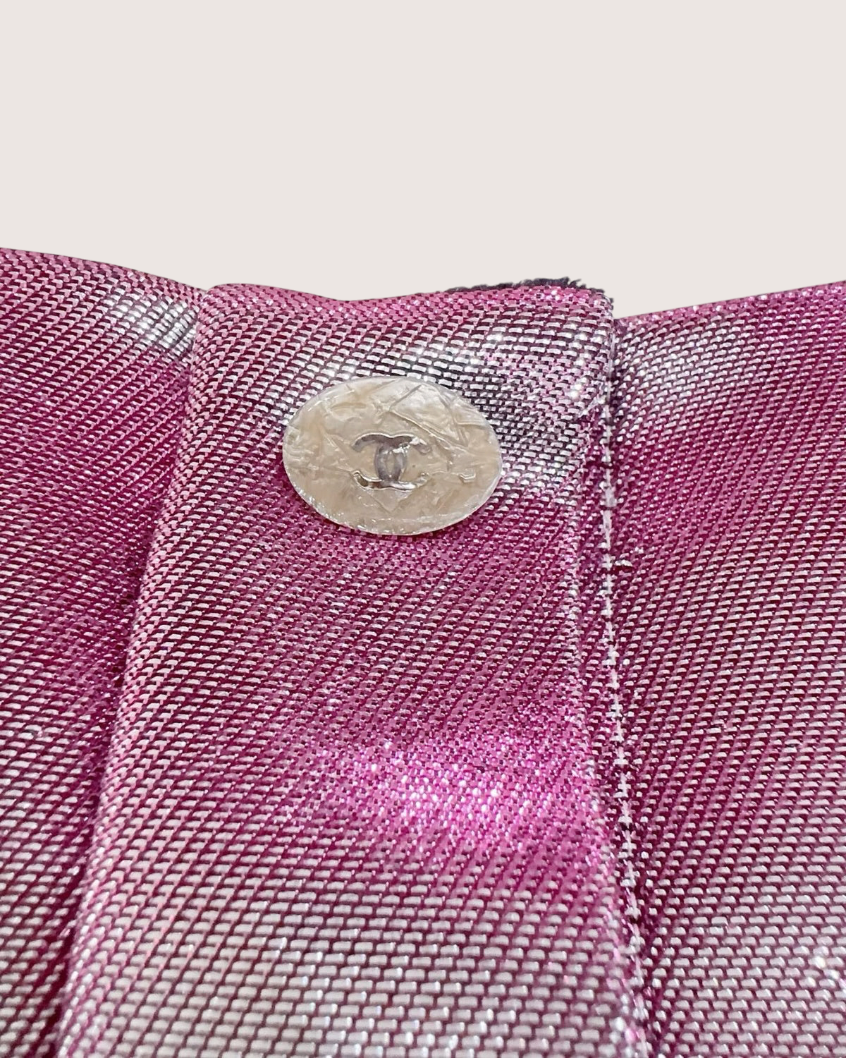 Chanel 14K Metallic Lamé Pleated Blouse Silver, Pink FR 36
