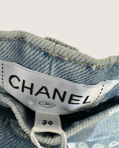 Chanel 25P Pearl Denim Wide-Leg Jeans Blue, White FR 36